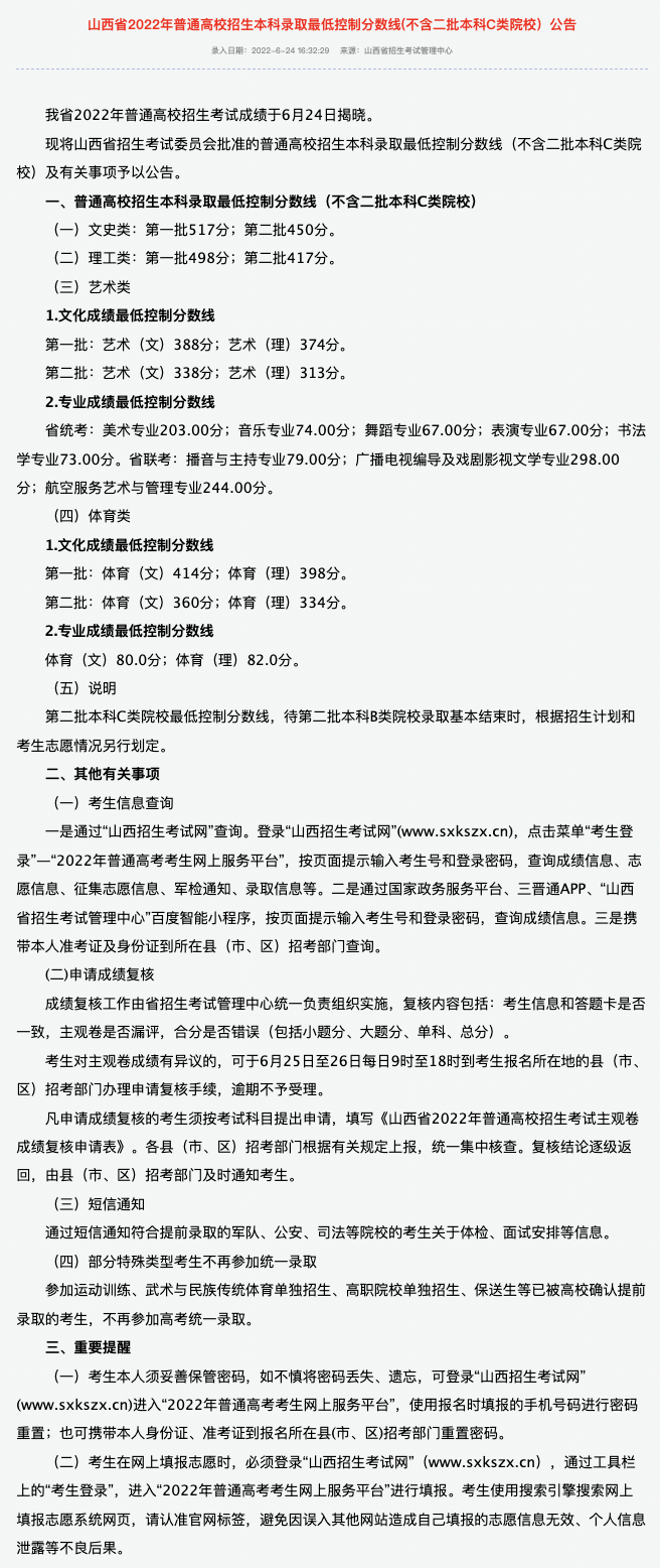 2022年山西高考錄取分數(shù)線