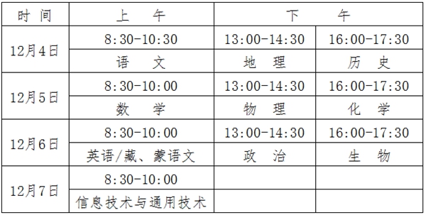 2023年青海高中各科會考時間安排一覽表