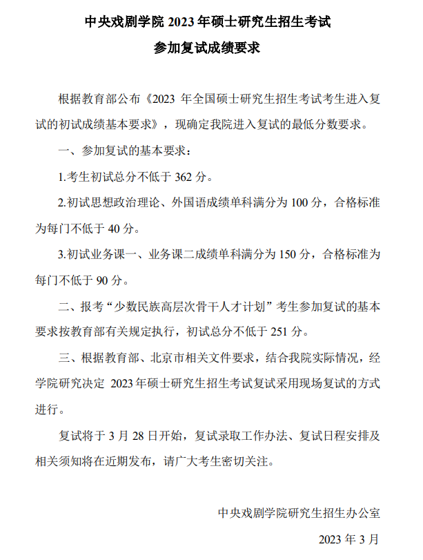 2024年中央戲劇學院研究生分數(shù)線一覽表（含2023年歷年）