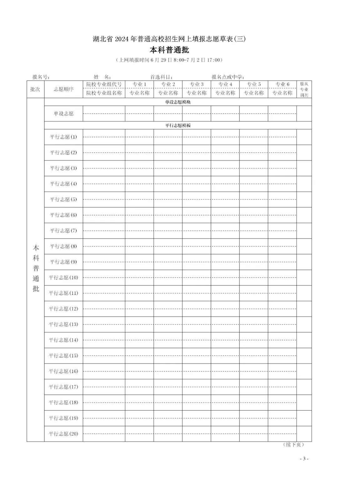 2024年湖北高考志愿表填寫樣本（附填報時間和入口）