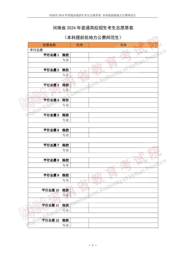 2024年河南高考志愿表填寫樣本（附填報時間和入口）