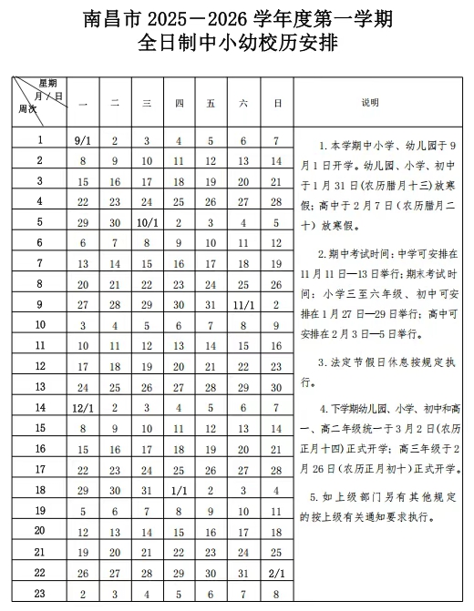 2026年南昌市中小學寒假放假時間表,1月31日開始放假